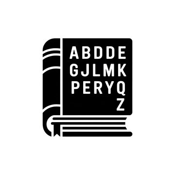 Black book icon with alphabet letters on the cover