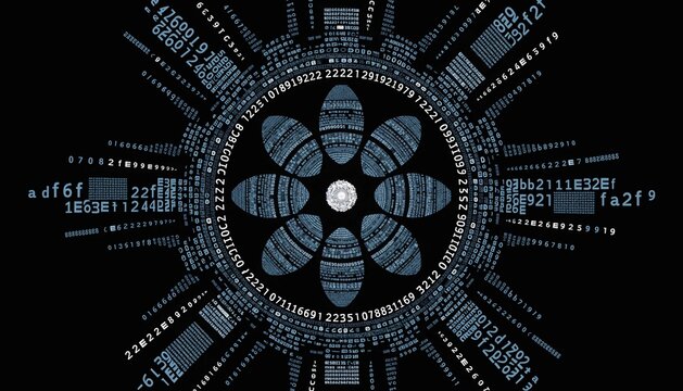 A complex geometric mandala pattern formed entirely from cryptographic hash strings and hexadecimal codes.  