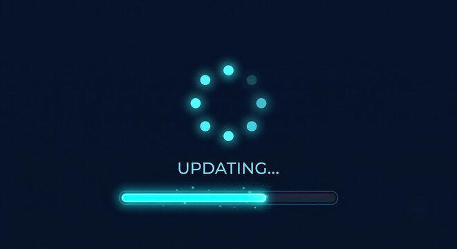 Blue glowing updating text with circular loading spinner and progress bar on dark background representing software installation process. Concept of updating sircle.

