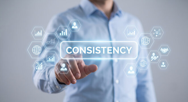 Man's finger touches glowing consistency button with business icons. Concept of Consistency.
