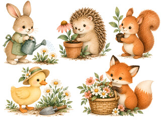 Fototapeta premium Watercolor Woodland Animals Gardening Set with Cute Bunny Hedgehog Squirrel Fox and Duck
