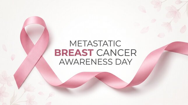 Metastatic Breast Cancer Awareness Day banner, pink satin ribbon on white background, elegant health campaign poster with floral accents