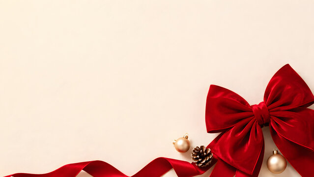 Elegant red velvet bow on beige background, festive Christmas ribbon with gold ornaments, holiday gift wrap border with copy space
