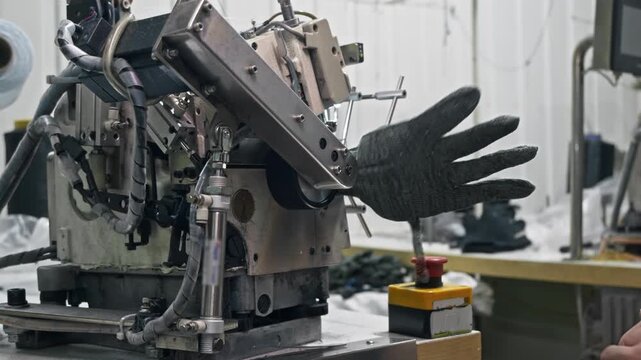 Worker puts knitted construction glove onto rotating industrial machine for cuff processing during manufacturing. Automated equipment spins glove while finishing elastic wrist section.