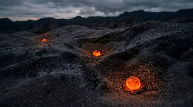 Glowing orange spheres on dark volcanic sand, mysterious luminous orbs in desert landscape, cinematic alien planet terrain