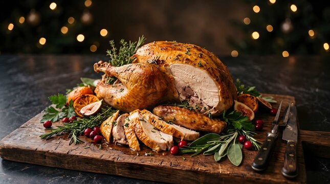 Traditional roasted Thanksgiving turkey carved on a wooden board with festive herb garnish