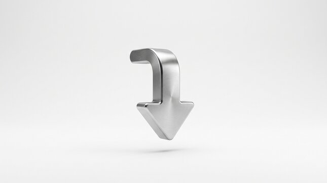 Metallic Downward Arrow: A gleaming metallic arrow points downwards, symbolizing decline, descent, or a negative trend in a minimalist, clean presentation.