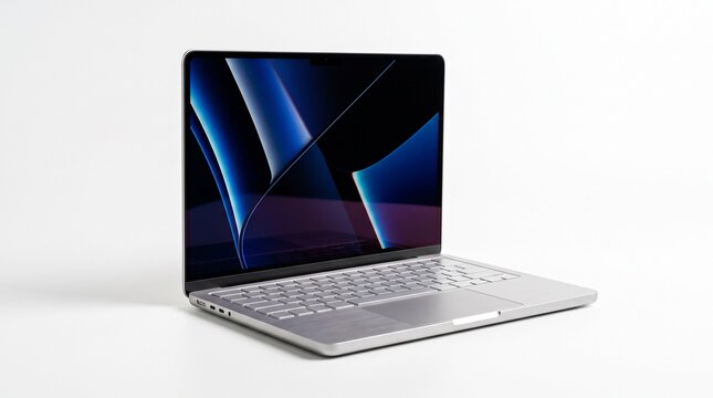 Sleek Modern Laptop: A contemporary silver laptop is open, showcasing its illuminated screen with an abstract design, positioned on a plain surface, embodying innovation and digital connectivity.