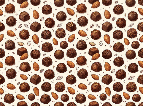 Seamless pattern with delicious chocolate truffles and almond nuts on a light background for food design