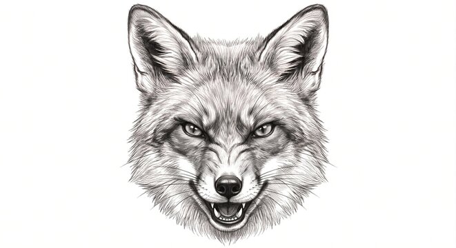 Angry Fox Head Pencil Sketch, Hand Drawn Black and White Snarling Fox Portrait