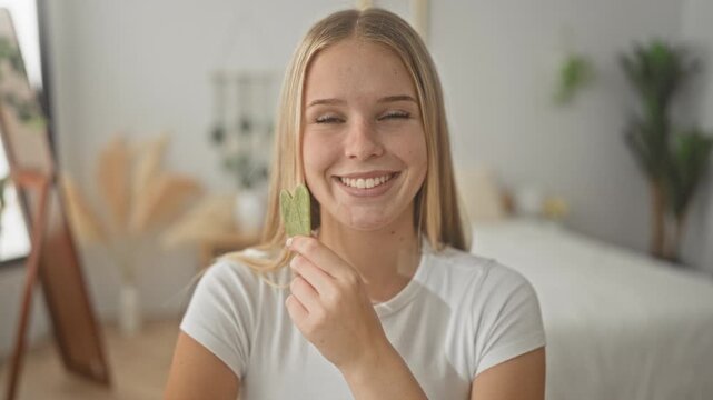 Young woman holding green gua sha tool to cheek while smiling on bed in studio; serene skincare moment.