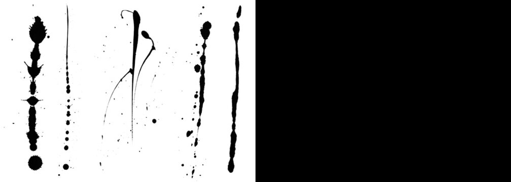 Black ink splatters and vertical paint drips, abstract watercolor brush strokes set, grunge liquid ink stains on white background