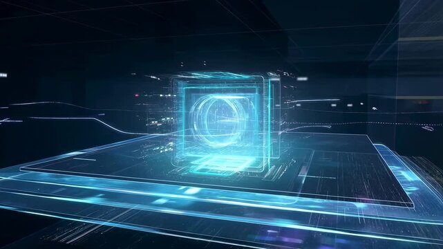 Holographic digital interface pulses above a futuristic computer platform in a neon circuitry environment. Technology presentations, software advertising.