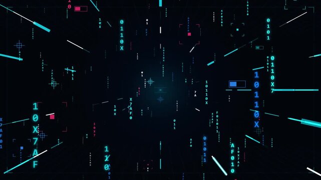 "Cyber data code tunnel animation with binary numbers and HUD elements on dark background"