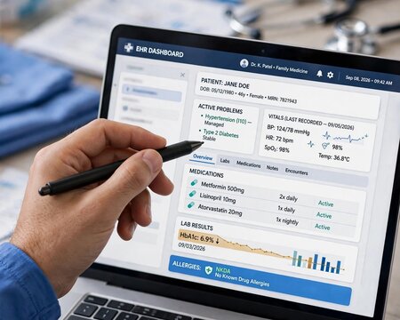 Hand Pointing at Electronic Health Record Dashboard, A healthcare professional's hand with a stylus pointing at a laptop screen displaying an electronic health record (EHR) dashboard