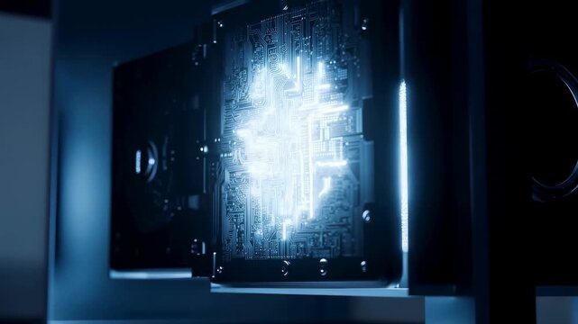Glowing computer circuit board illuminates electronic components inside a dark high-tech enclosure. Technology advertising, artificial intelligence presentations.