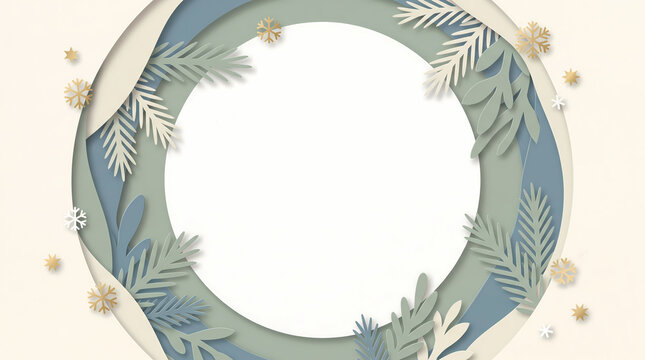 Paper cut winter frame with pine branches and snowflakes