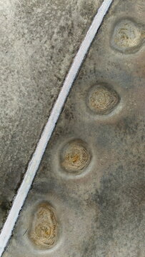 Aerial view of circular patterns in a field next to a straight fence line in Ballidu, Western Australia, Australia.