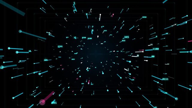 "Digital data explosion animation with binary numbers flying through tech tunnel on dark background"