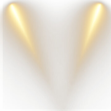 Golden spotlights with warm glowing beams isolated on black background. Stage light effect for show, concert and event design.