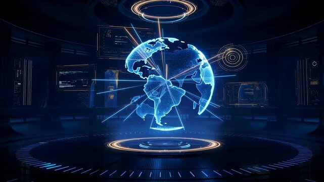 Rotating holographic globe in a futuristic digital control room with network lines and interface rings. Technology presentations, telecommunications advertising, and cybersecurity campaigns.