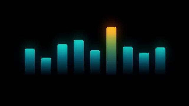 Animation of a glowing financial bar chart overlay on a black background. Digital trading dashboard UI element, stock market revenue and business growth concept.