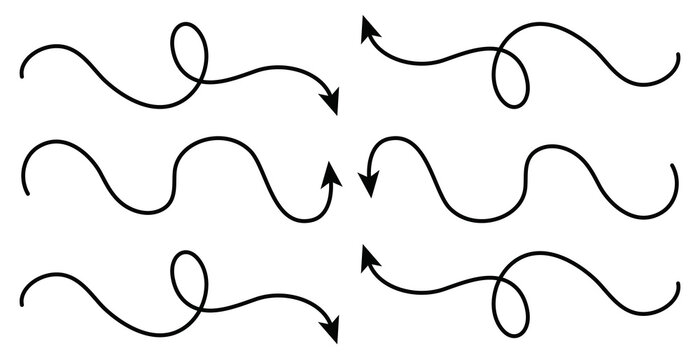 Handmade curve doodle arrows set. Different position arrow, isolated on a white background.