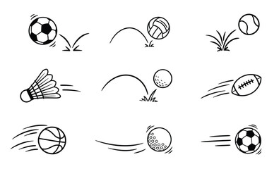 Sports Balls Vector Set Bouncing Flying Balls Soccer Basketball Volleyball Golf Tennis Football Shuttlecock Line Art Doodle Icon Collection © XshineGFX