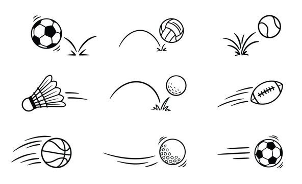 Sports Balls Vector Set Bouncing Flying Balls Soccer Basketball Volleyball Golf Tennis Football Shuttlecock Line Art Doodle Icon Collection