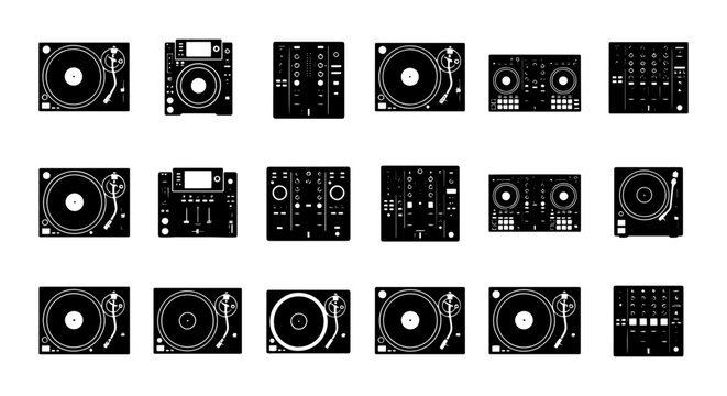 DJ Turntable and Mixer Icons Set, Electronic Music Equipment Vector Graphics