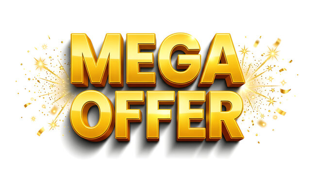 Bright golden text reading mega offer with a splash effect on a white background