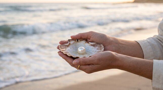 Pearl in seashell photo. Hands of a person holding an open scallop shell with a glowing white pearl inside. Soft ocean waves on a sandy beach during sunset. Jewelry and nature concept