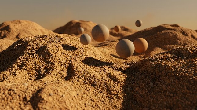 Spheres float above a desolate sandy desert landscape under a hazy orange sky on a sci-fi alien planet.