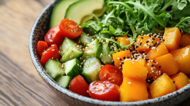 Healthy food. budha bowl with quinoa, avocado, cucumber, salad, tomatoe, olive oil. Clean eating diet food