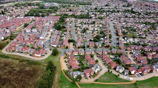 Aerial View Of Barton Seagrave Kettering Neighborhood With Houses, Streets And Green Spaces