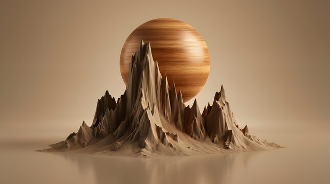 Surreal wooden planet rising behind sharp mountain peaks, abstract 3D landscape with warm earth tones, minimalist conceptual art