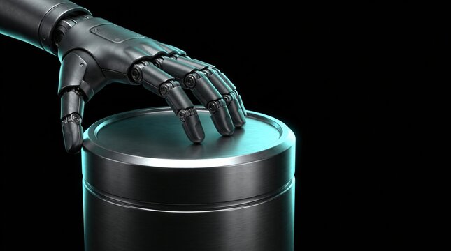 Macro close up of dark humanoid robotic hand sealing cylindrical metallic capsule lid on pitch black background with rim lighting representing cold storage data archive and hardware custody concept