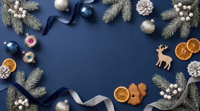 Christmas flat lay frame with frosted pine, baubles and ribbons on blue.