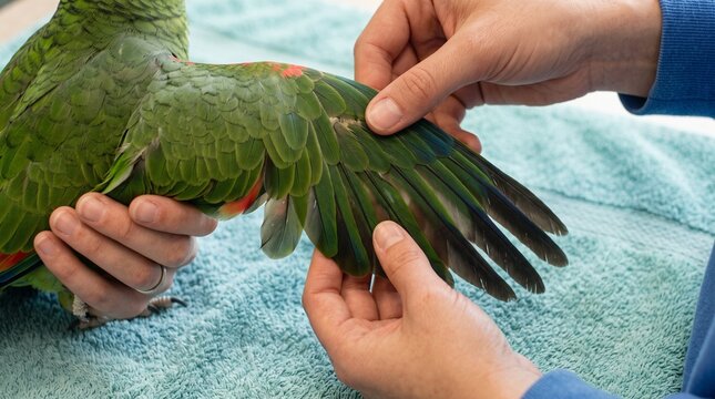 Veterinary examination of green parrot wing. Professional veterinarian checking feather health. Hands holding exotic bird resting on blue medical towel. Animal care clinic procedure