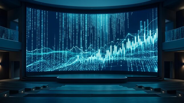 Futuristic presentation hall with a giant curved digital screen displaying financial graphs, data streams, and binary numbers for corporate business concepts.