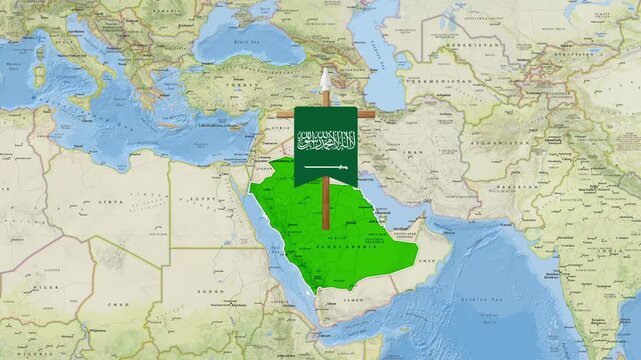 Saudi Arabia national flag animated motion marker on world map video