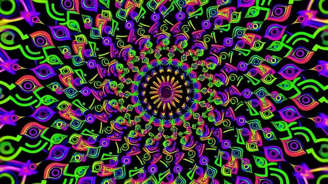 Neon kaleidoscope patterns rotate through a psychedelic geometric tunnel on black. Concert projection, event screen design, and digital art presentation.