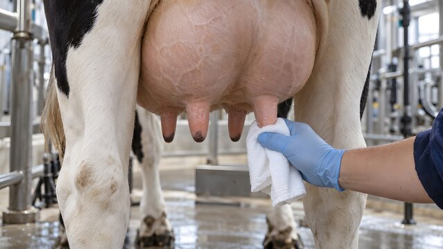 A worker wearing a blue glove cleans a cow udder with a white cloth indoors with preparation milking inside modern industrial facility person wearing protective