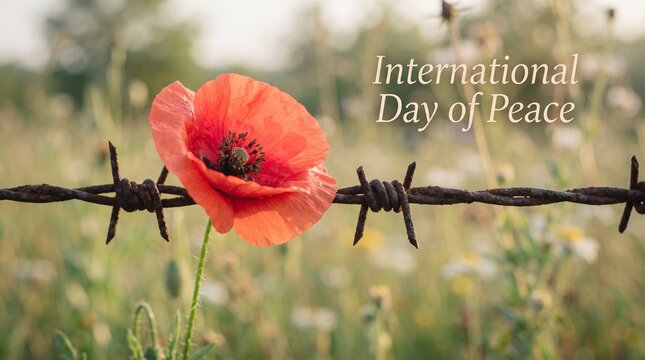 Flower on Barbed Wire Representing International Day of Peace