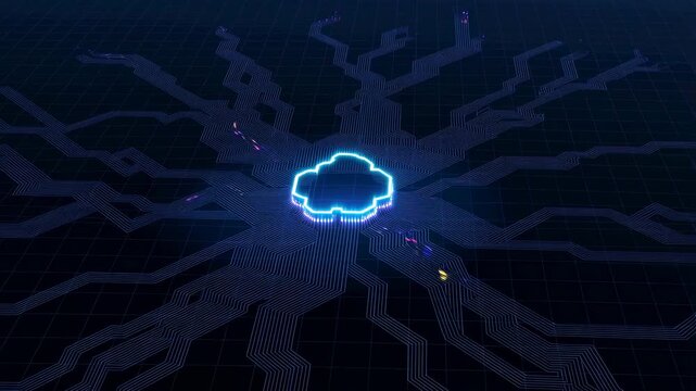 Glowing cloud network expands through electronic circuits across a dark digital grid. Cloud computing presentations, technology advertising, and software service promotion.