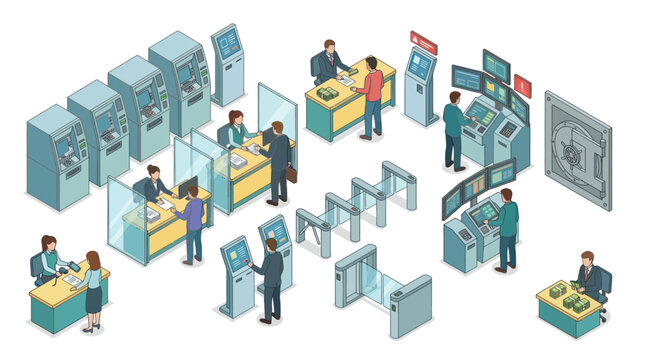 Modern Bank Interior with ATMs and Tellers Serving Customers.