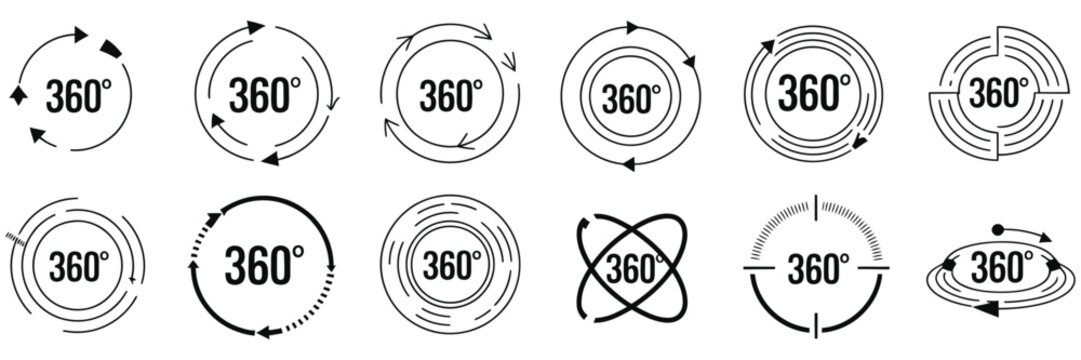 360 Degrees Vector Icons featuring round signs with rotating arrows for complete rotation, navigation, orientation, and interface design, vector, designs