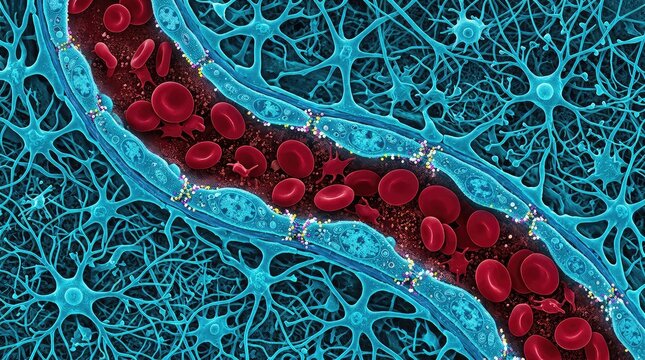 detailed microscopic visualization of the blood-brain barrier, tightly joined endothelial cells forming a selective capillary wall, red blood cells inside the vascular lumen and delicate neural cells 