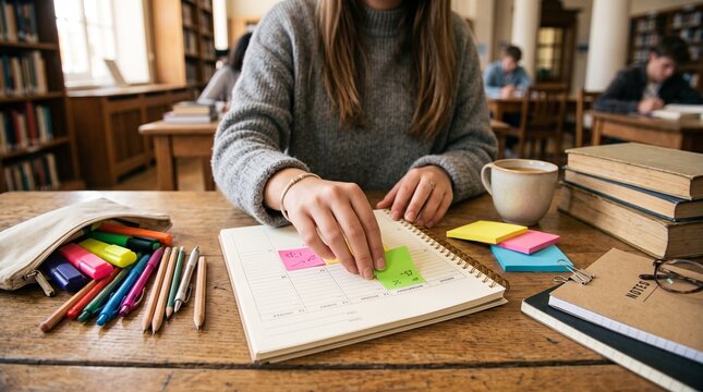 Student planning schedule in library. Young woman organizing calendar with colorful sticky notes. Wooden desk with textbooks and highlighters. Academic education and study session concept photo