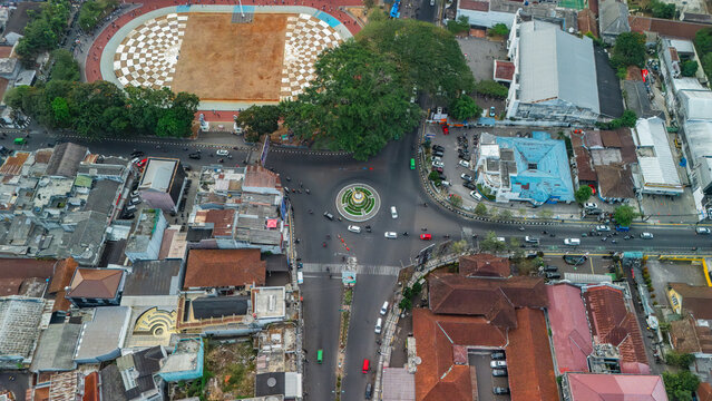 Aerial view of the city square and intersection in Sukabumi, Indonesia.